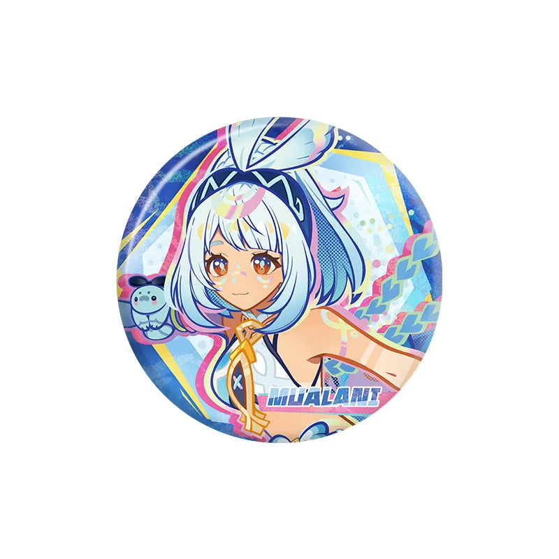 Genshin Mualani character badge from the Nation of Pyro Series featuring bright Natlan themed artwork and collectible tinplate design