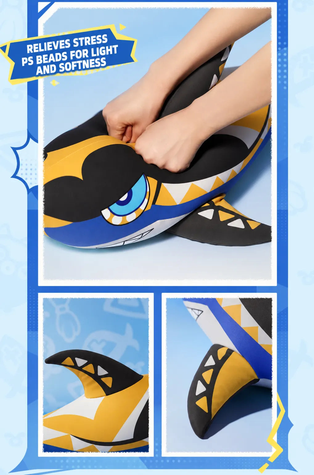 close up shark tail and fin details on Mualani themed hug pillow