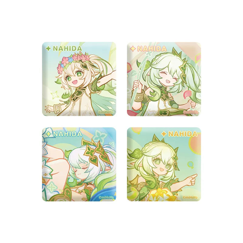 Genshin Nahida badge collection from the Chromatic Ode of Candies and Roses series with colorful pastel fantasy designs