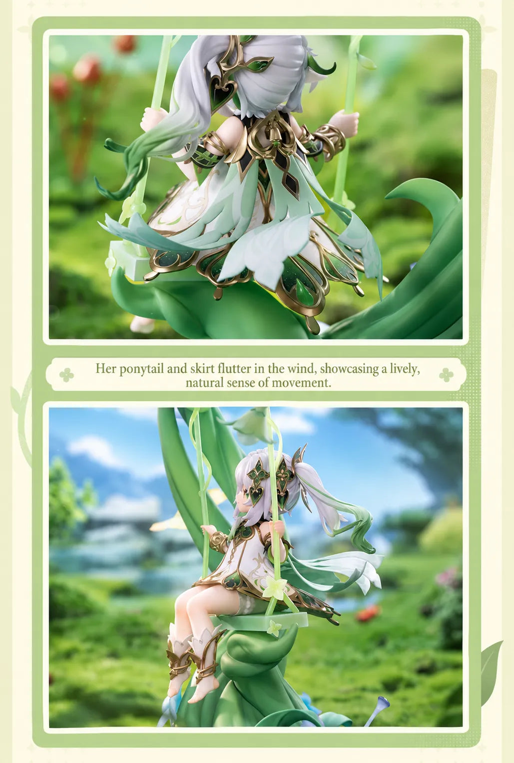 Nahida seated on the botanical swing with detailed leg accessories