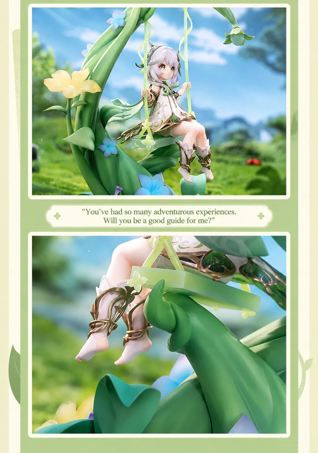 Nahida figure and botanical swing shown against a garden setting