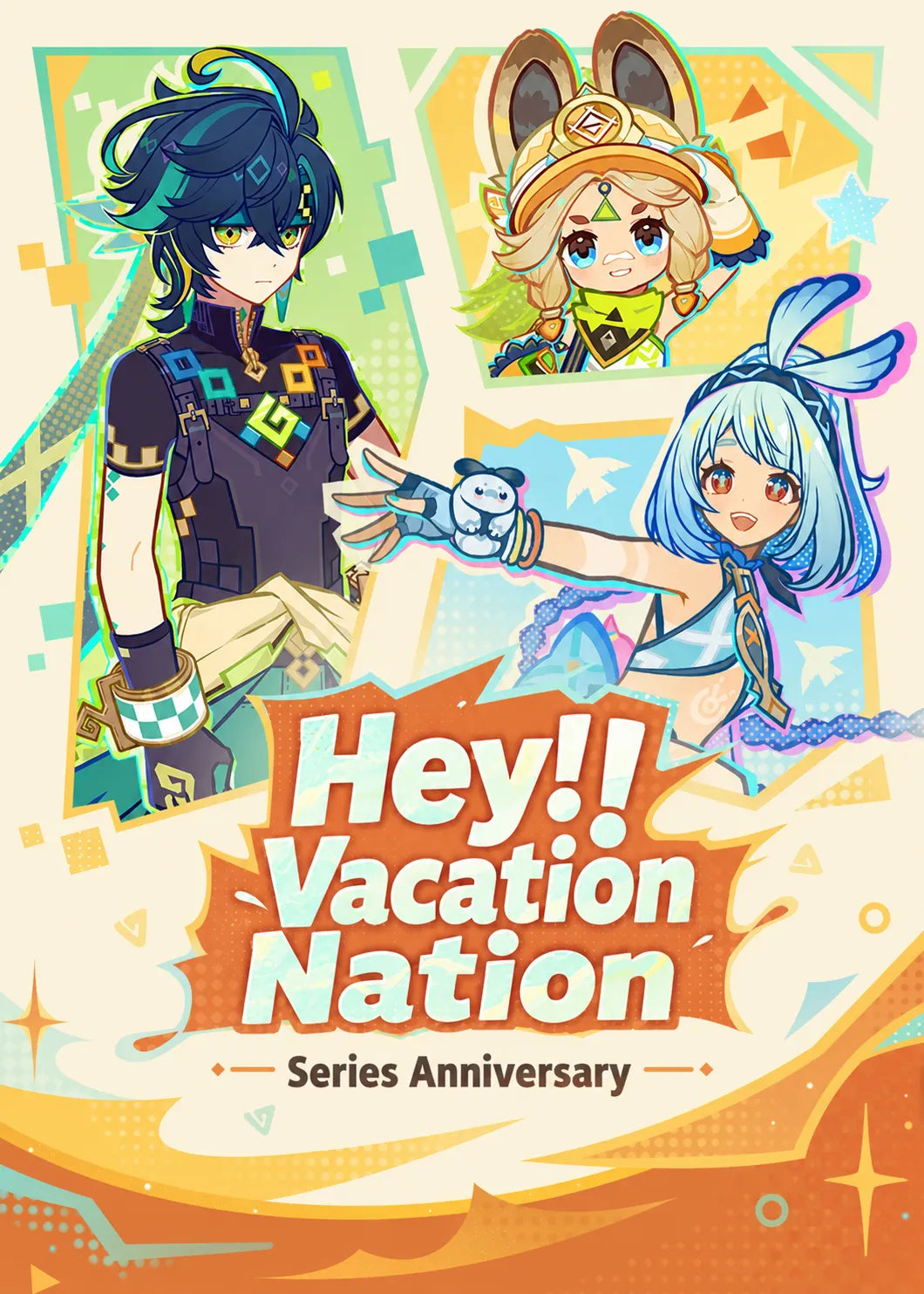 Genshin Nation of Pyro Series character badges featuring Kinich Kachina and Mualani collectible designs