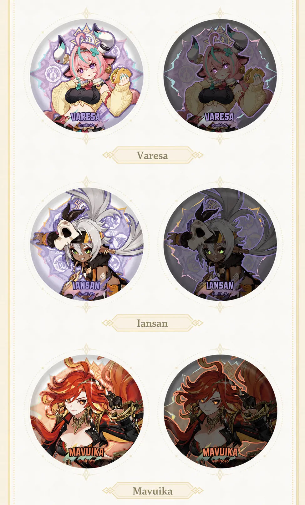 Genshin Impact Natlan Series character badge product display with detailed reflective artwork