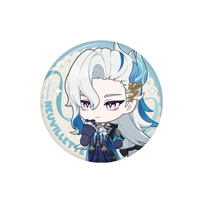 Genshin Impact Neuvillette Stellar Recollection series character badge featuring elegant chibi artwork and blue accents
