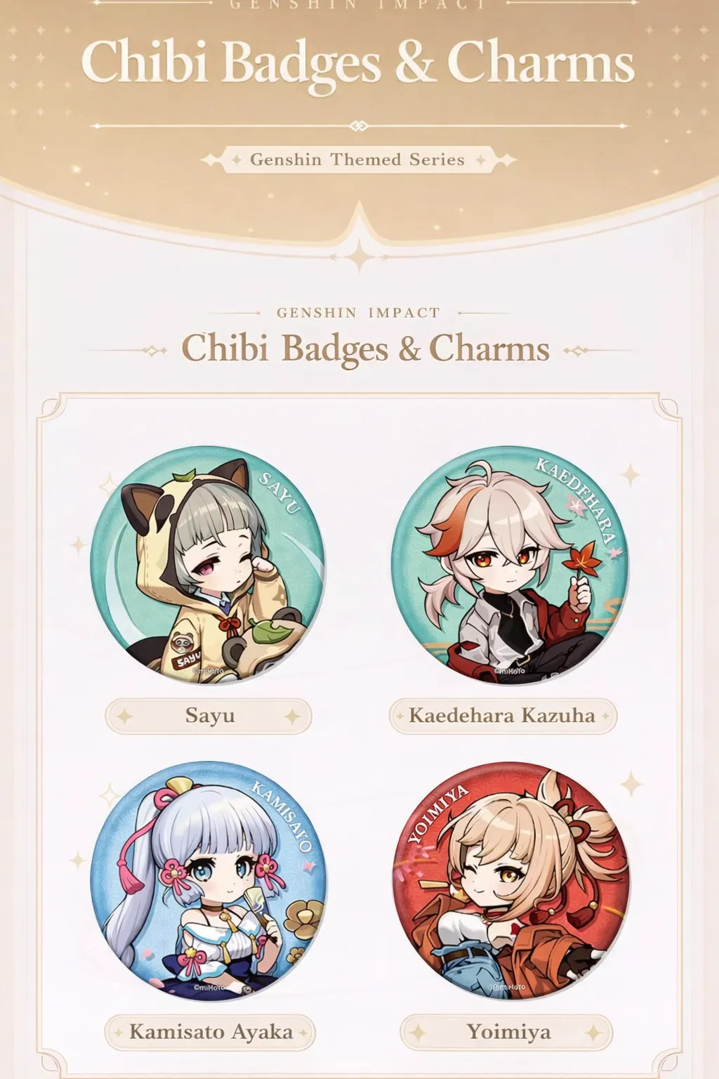 Genshin Impact Outing Series chibi badge and keychain product overview multiple character lineup display