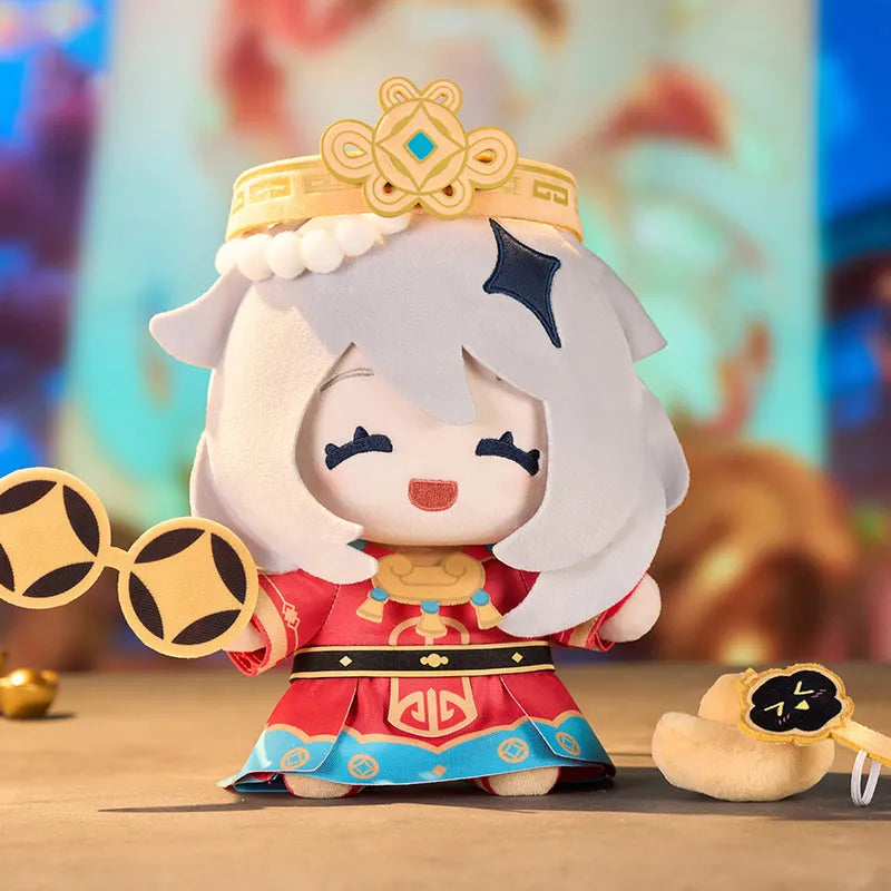 Genshin Impact Paimon Little Fortune God Plush featuring festive costume and accessories