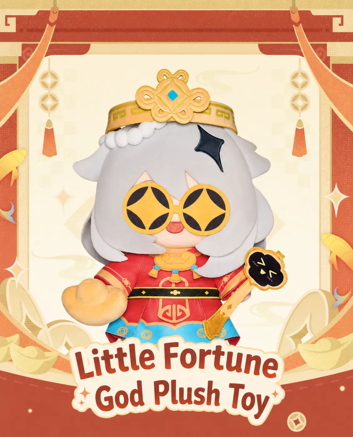 Little Fortune God Paimon Plush front and back views with product size and material details