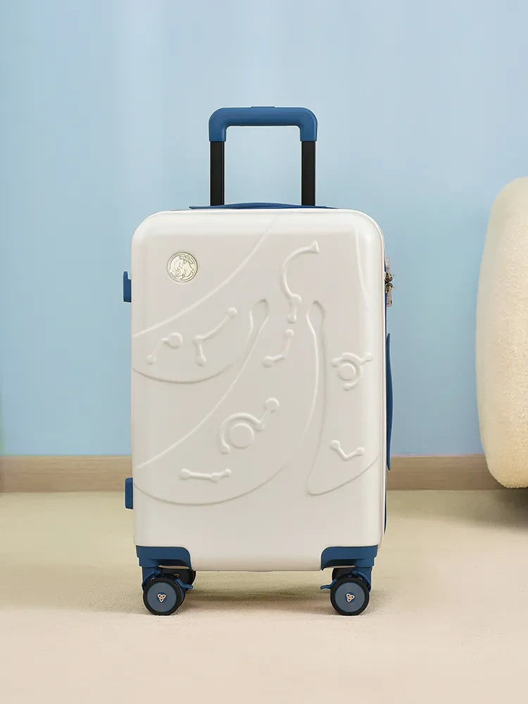 Genshin Impact Paimon Travel Series luggage front view with embossed Paimon-themed design and spinner wheels