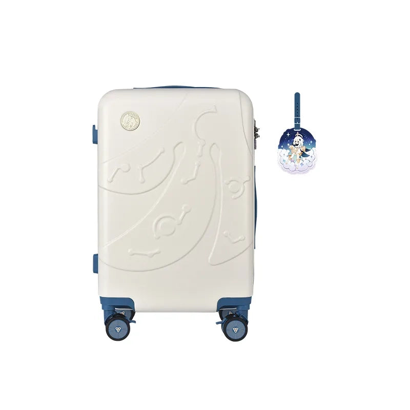 Genshin Impact Paimon Travel Series suitcase with white hard shell and blue accents on white background