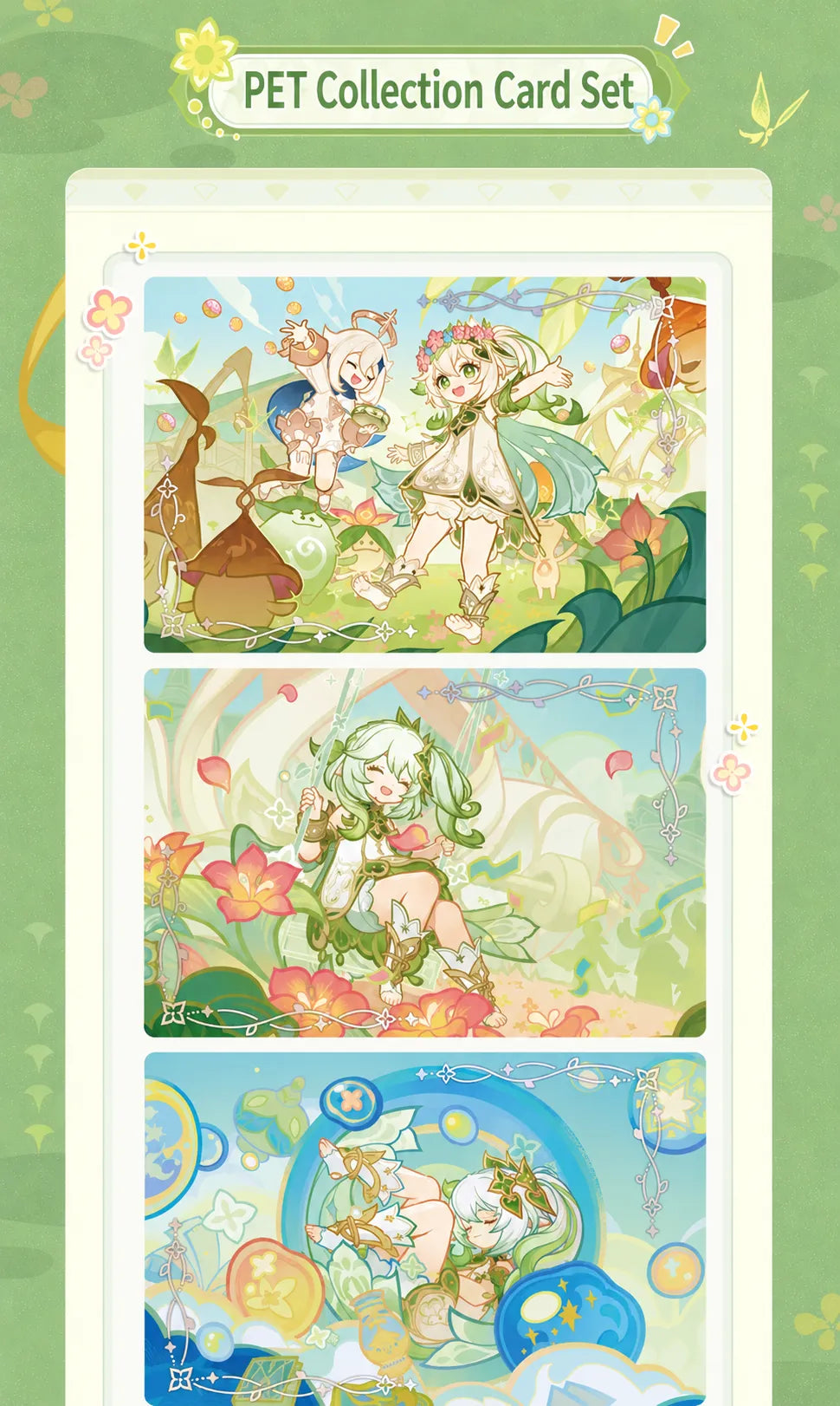 Genshin Impact PET collection card front and back display featuring Nahida fantasy themed pastel artwork