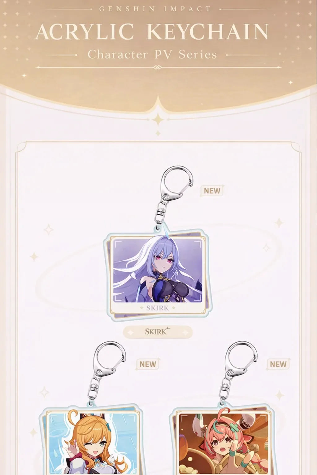 Genshin Impact PV Series acrylic keychain detail showing clear acrylic and metal clasp