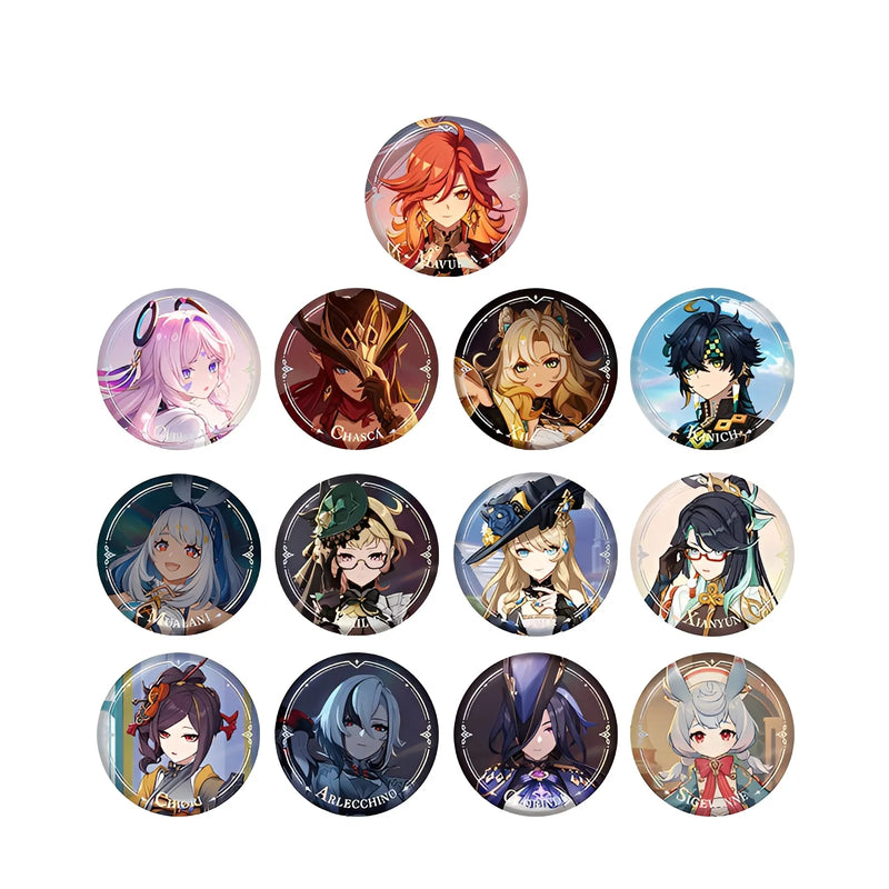 Genshin Impact PV Series badge collection featuring multiple character designs