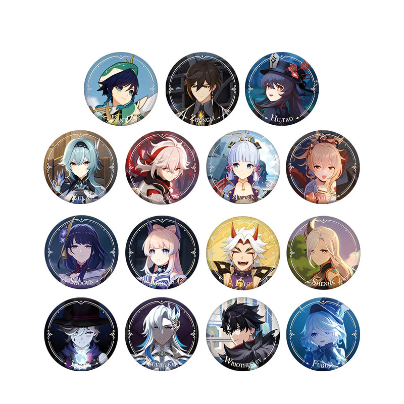 Genshin Impact character badge set display with assorted PV series designs