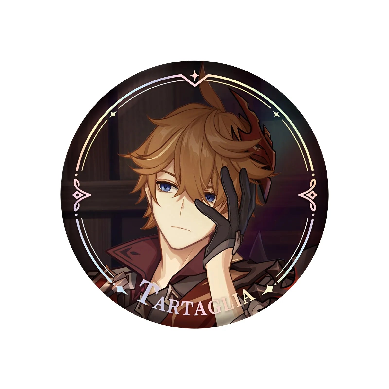 Genshin Impact PV Series badge featuring Tartaglia character design
