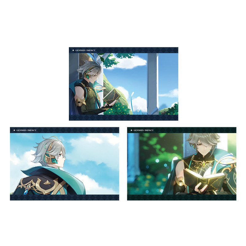 Genshin Impact PV Series photo cards featuring Alhaitham character artwork