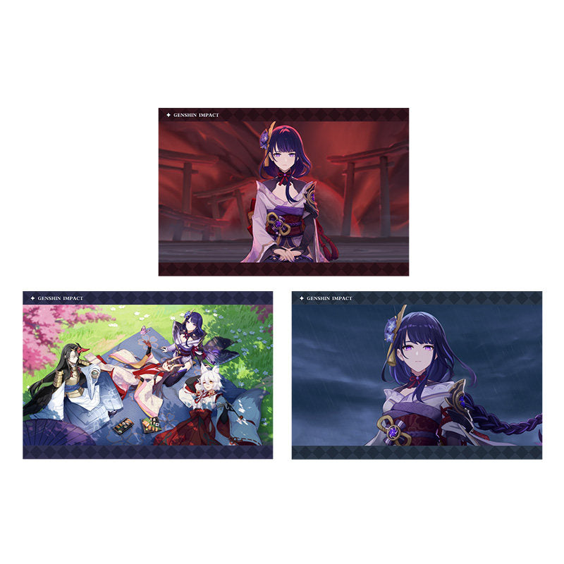Genshin Impact PV Series photo cards featuring Raiden Shogun character artwork