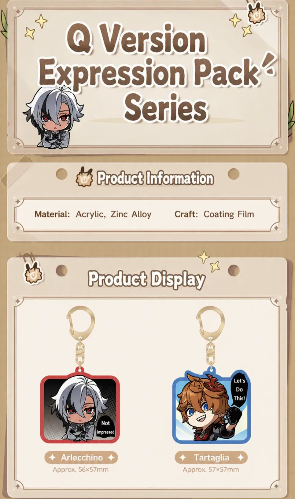 Genshin Impact Q Version Acrylic Keychain Fatui Series product details showing material and craft information