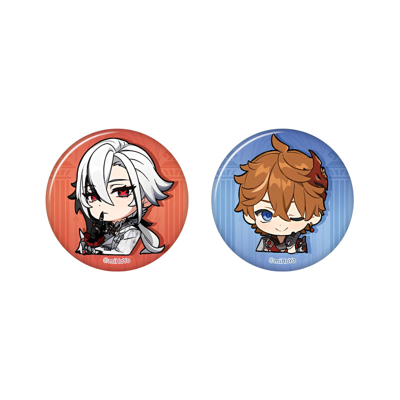 Genshin Impact Q Version Badge Fatui Series collection featuring Arlecchino and Tartaglia chibi pins