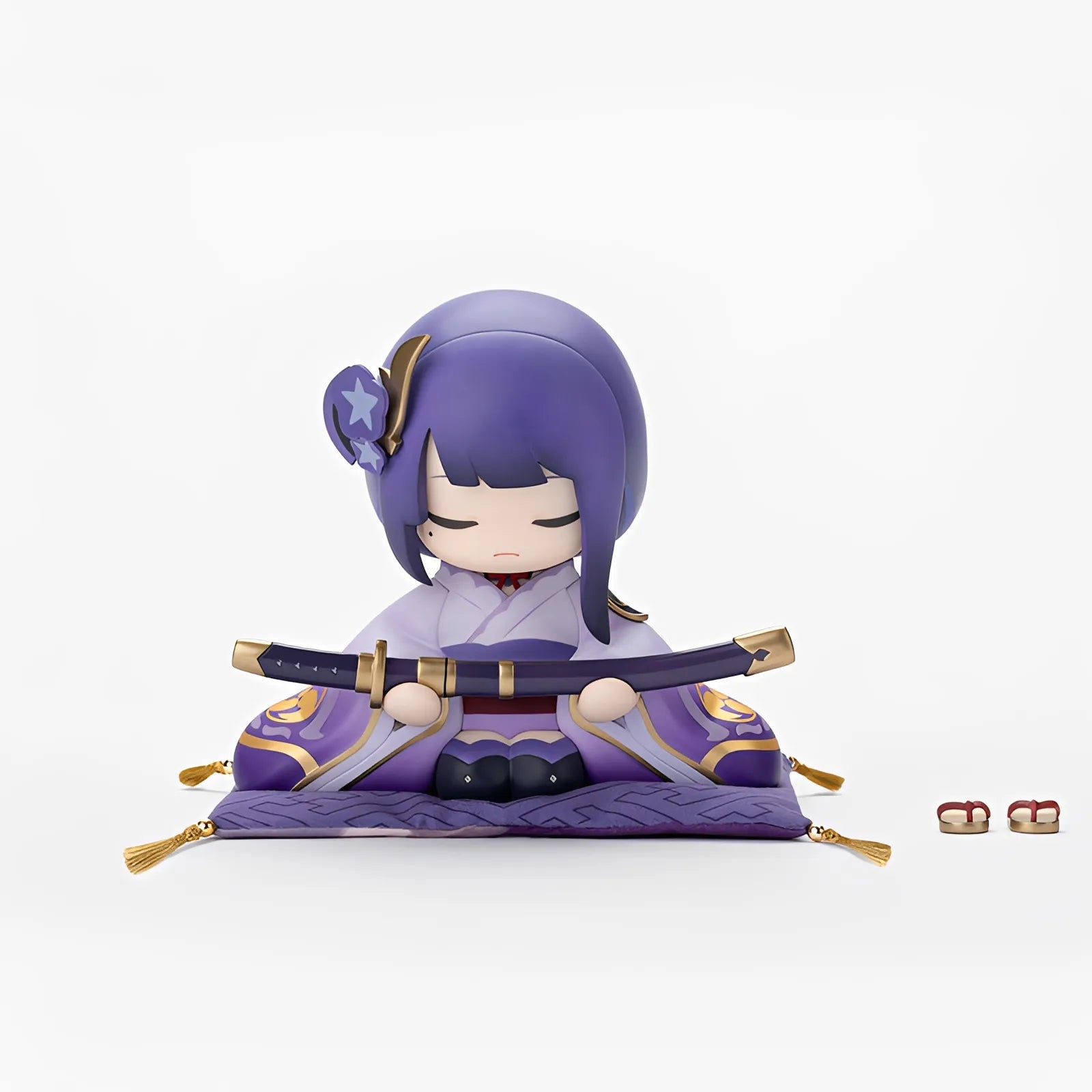 Raiden Shogun chibi figure side angle showing detailed kimono design and purple color theme