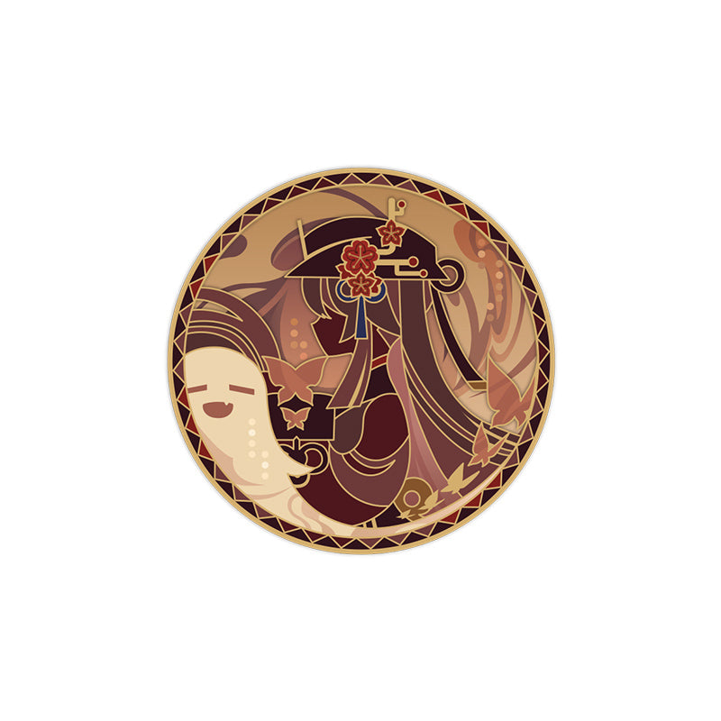 Genshin Rainbow Invitation Series Hu Tao metal badge with warm brown enamel themed artwork