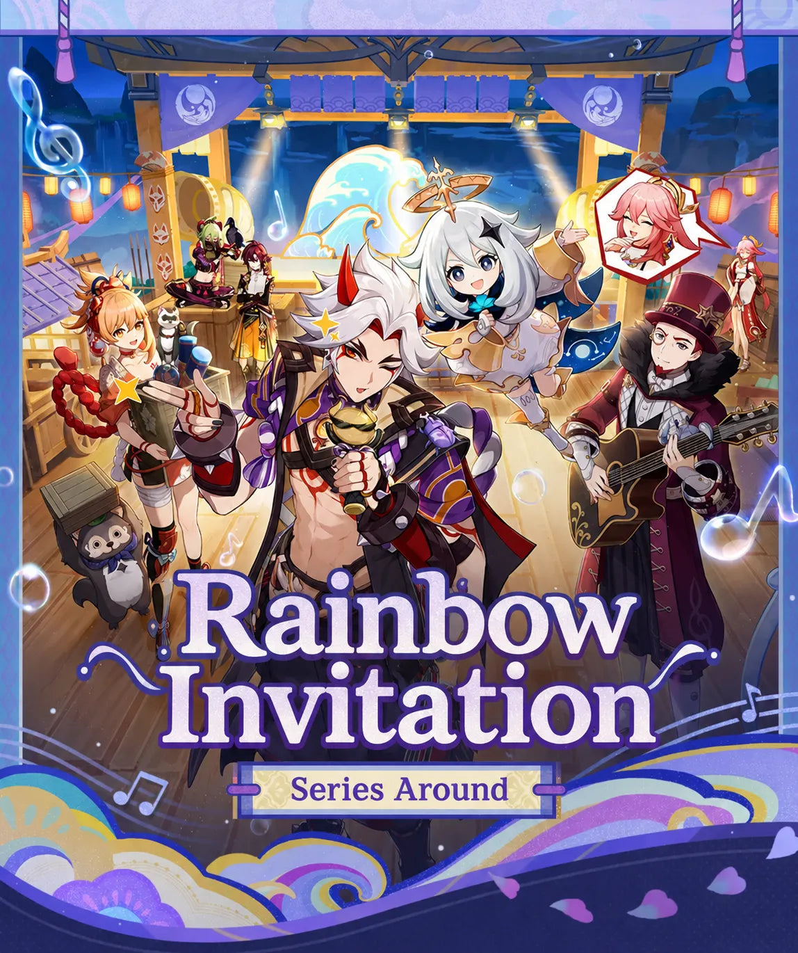 Genshin Impact Rainbow Invitation Series metal badge lineup display with colorful enamel character designs