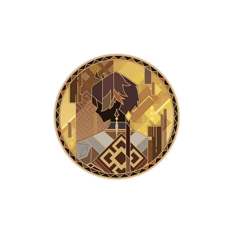 Genshin Impact Rainbow Invitation Series Zhongli metal badge with gold geometric themed artwork