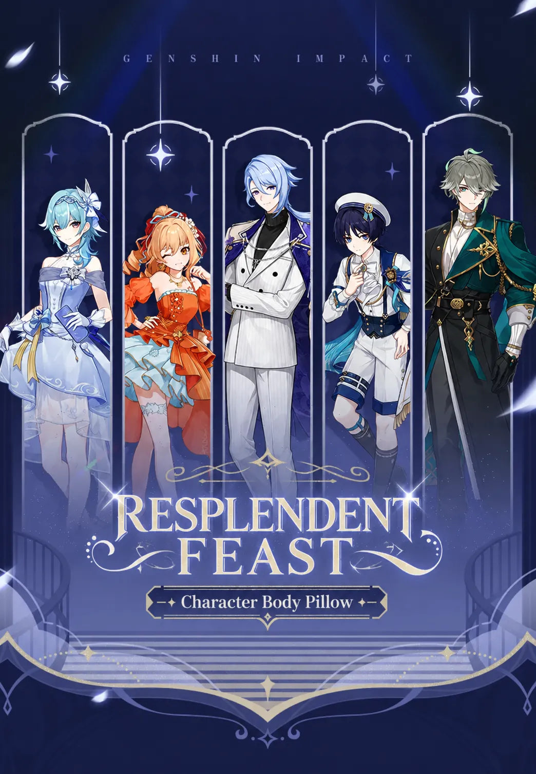 Genshin Resplendent Feast body pillow collection overview featuring multiple character variants and elegant decorative designs