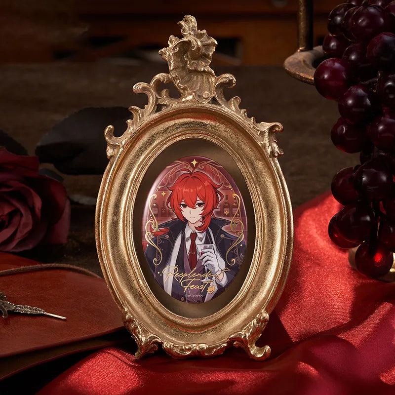 Genshin Diluc chibi collectible merchandise from the Resplendent Feast series featuring magnetic accessories and acrylic items