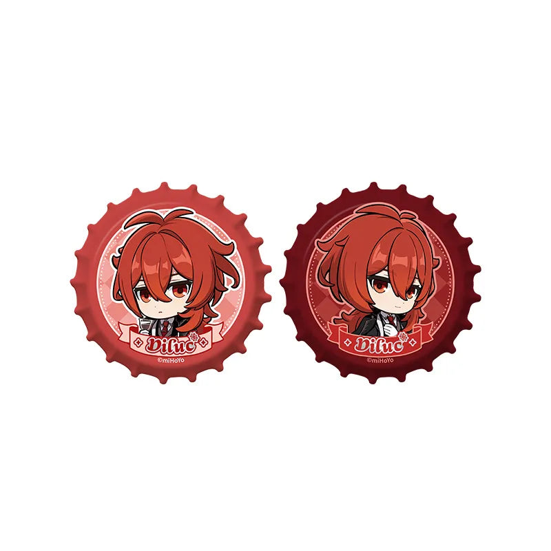 Genshin Impact Diluc chibi magnetic bottle cap badge set from the Resplendent Feast series with cute collectible artwork
