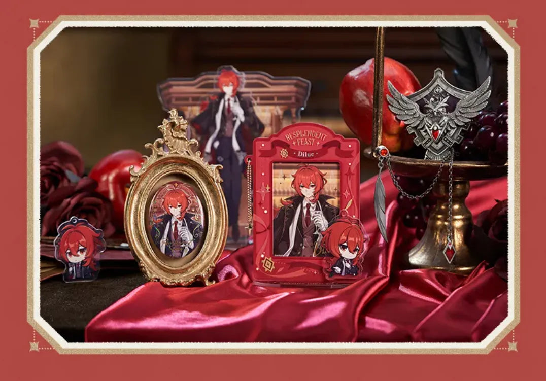 Genshin Impact Diluc Resplendent Feast collectibles overview featuring acrylic merchandise