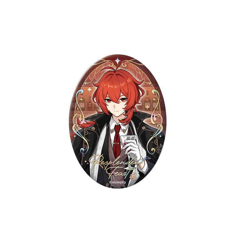 Genshin Diluc reflective embossed badge from the Resplendent Feast series featuring elegant crimson themed artwork and glossy collectible finish