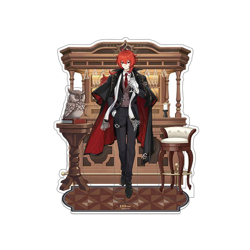 Genshin Impact Diluc scene acrylic stand from the Resplendent Feast series featuring tavern themed background and detailed display artwork