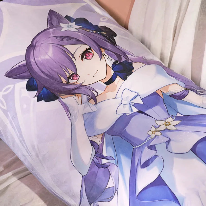 Genshin Keqing Resplendent Feast body pillow display featuring graceful lavender themed banquet outfit artwork