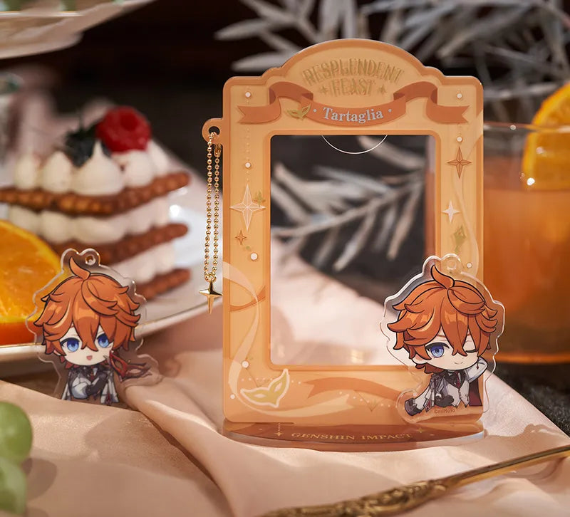 Genshin Impact Tartaglia Resplendent Feast collectibles showcase with acrylic merch badges and accessories