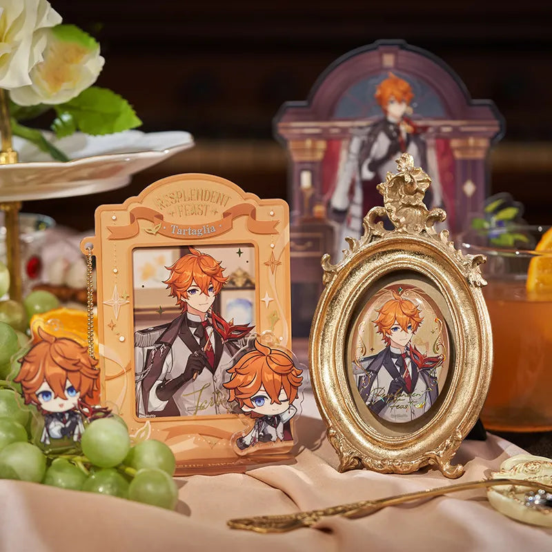 Genshin Tartaglia Resplendent Feast merchandise collection featuring badges acrylic stands accessories and storage items
