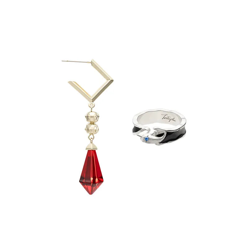 Genshin Impact Tartaglia Resplendent Feast opening ring and earring accessory set with red crystal pendant