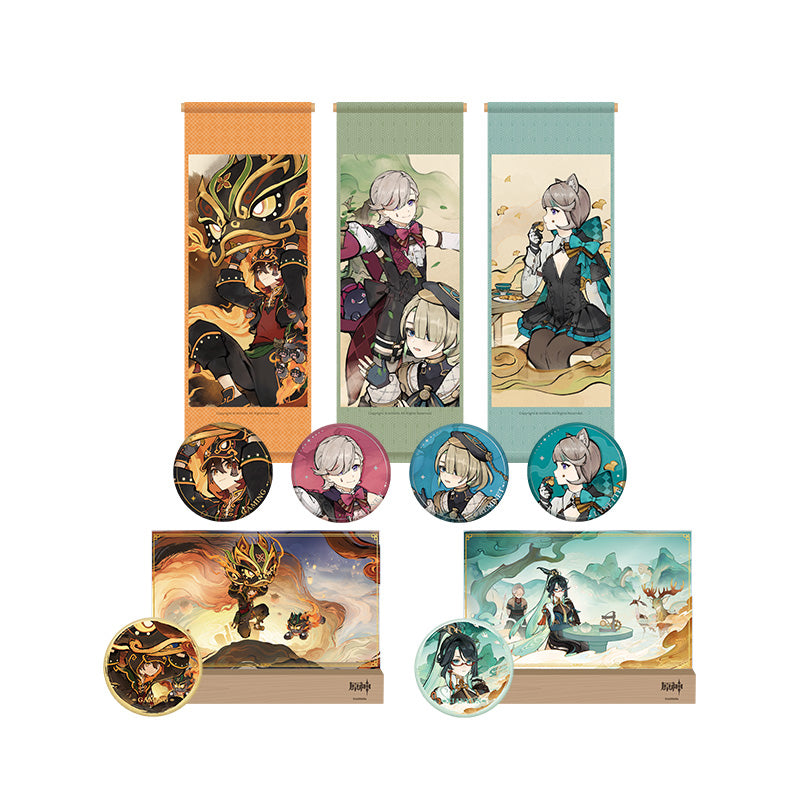 Genshin Impact Rousing Lion Dance series merch collection featuring acrylic LED stands badges and mini wall scrolls