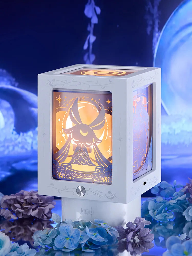 Selenic Chronicles night lamp music box with celestial paper-carved design