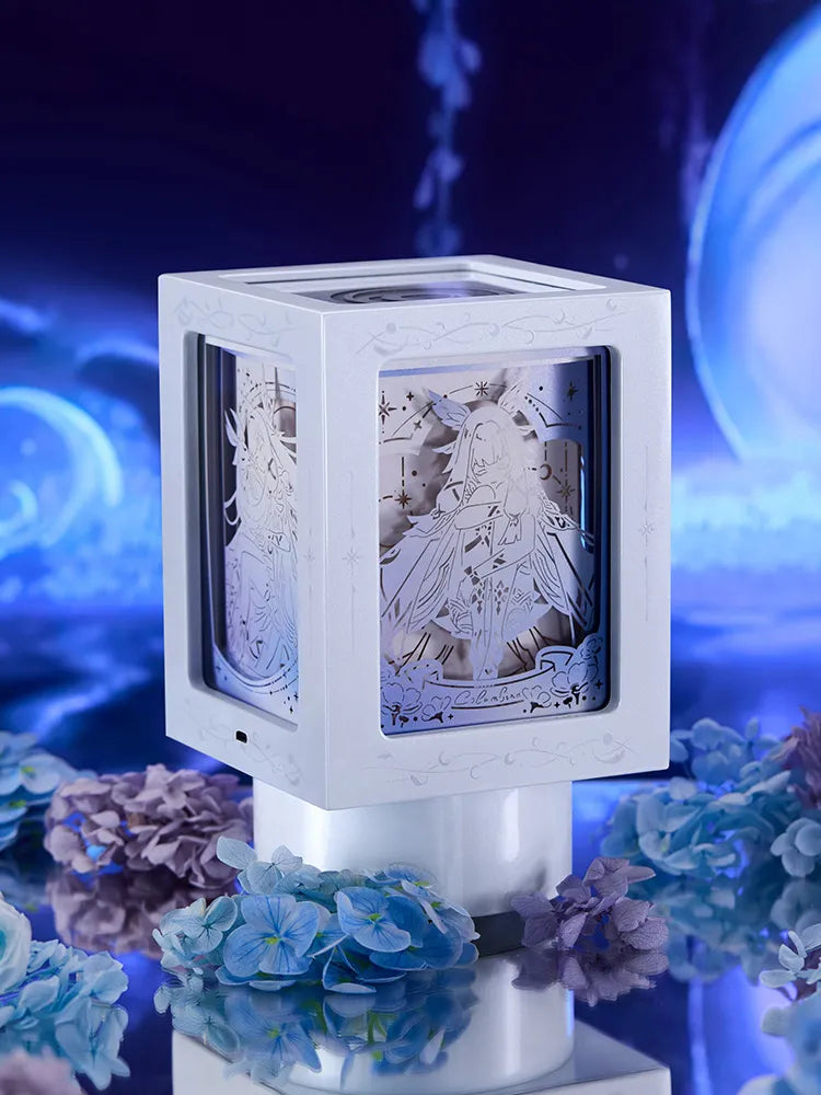 Selenic Chronicles night lamp featuring detailed four-sided paper carvings