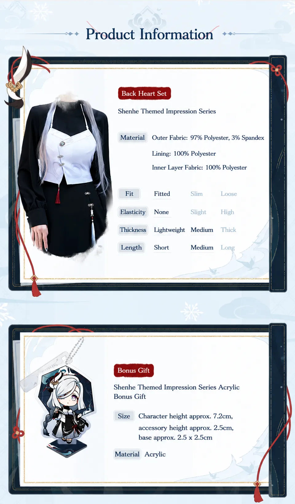 Elegant layered styling details on Genshin Impact Shenhe themed outfit set