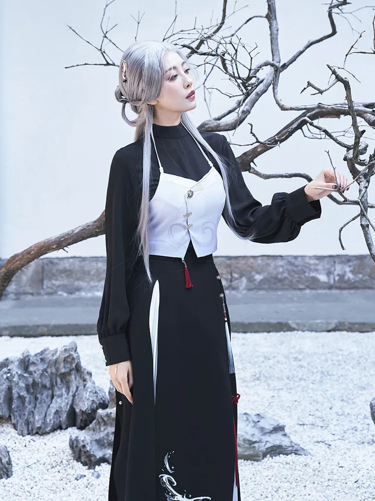 Full body display of Genshin Impact Shenhe themed fashion outfit set with elegant layered styling