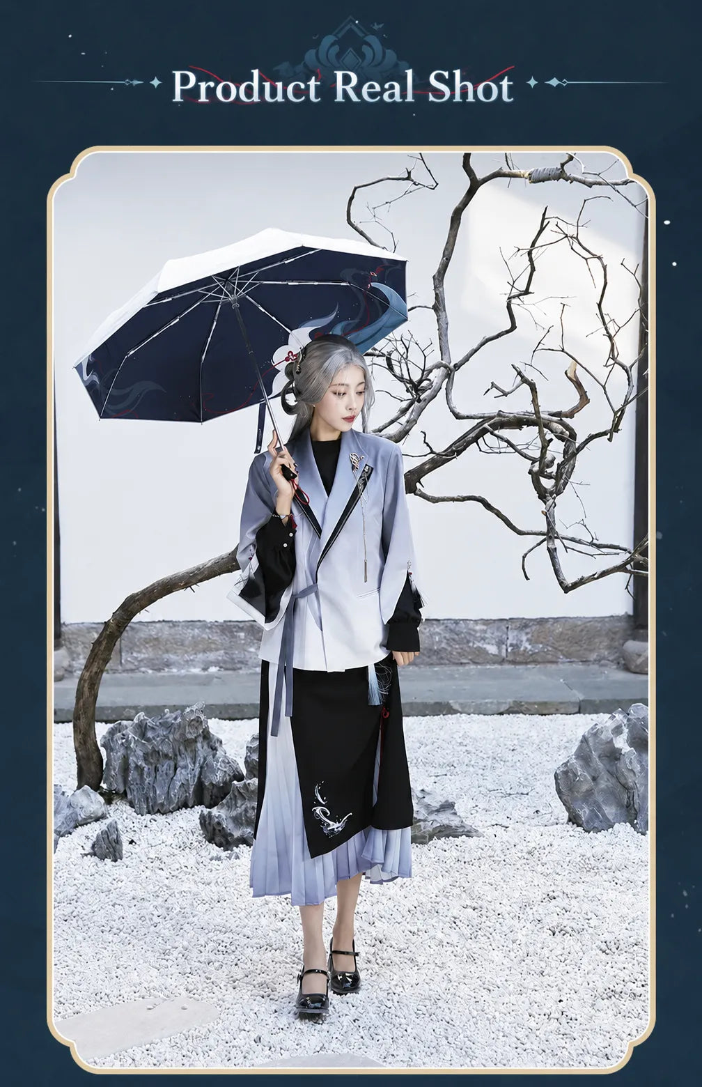 Genshin Impact Shenhe themed outerwear with embroidered character motif craftsmanship
