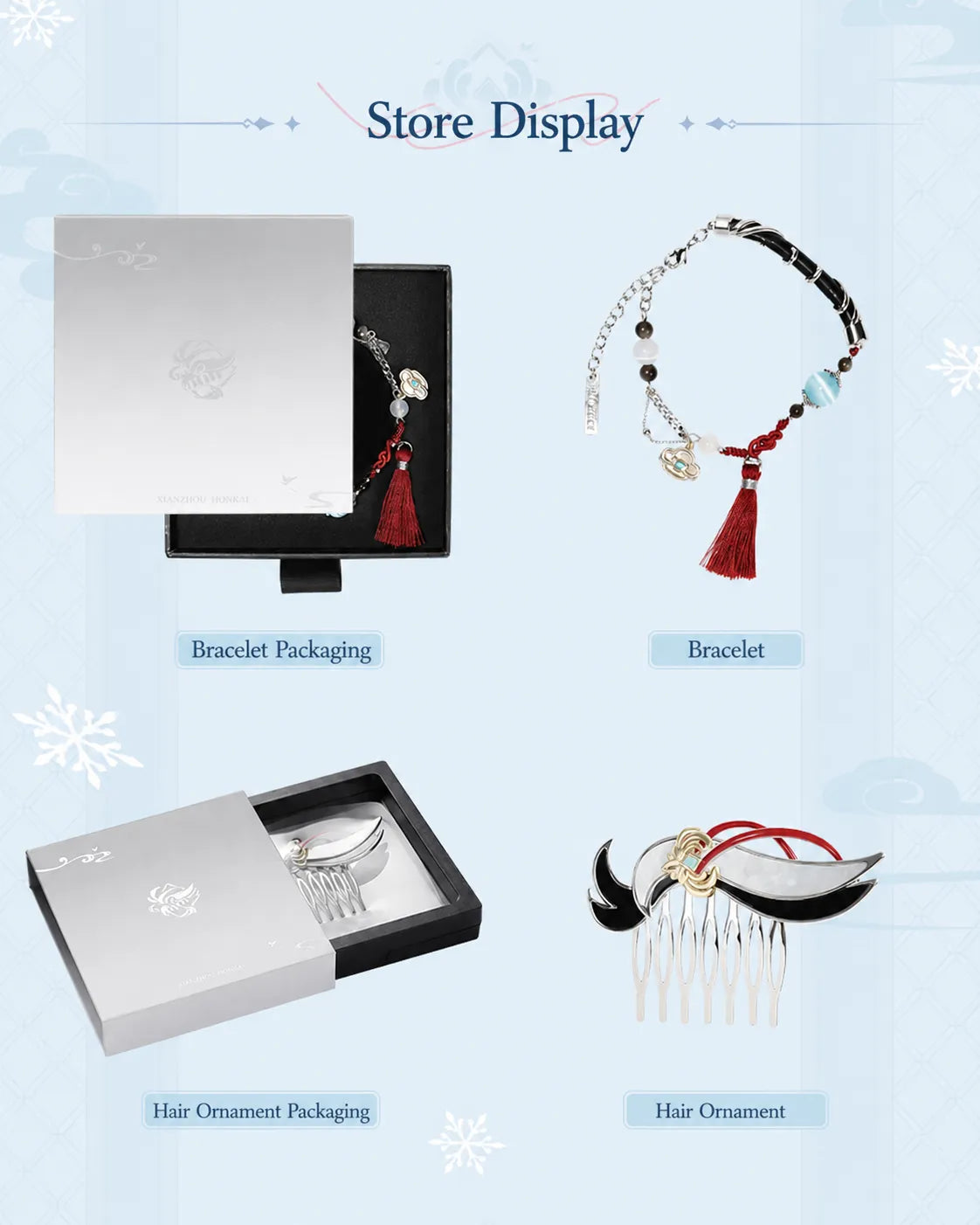 Genshin Impact Shenhe store display overview featuring bracelet and hair comb packaging showcase