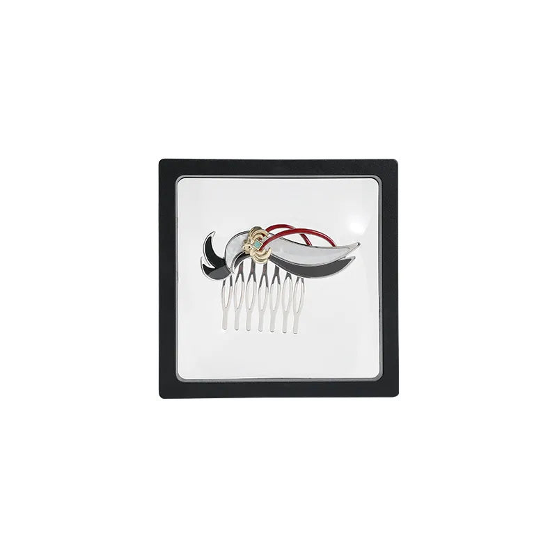 Genshin Impact Shenhe themed hair comb featuring elegant black white and gold ornamental design