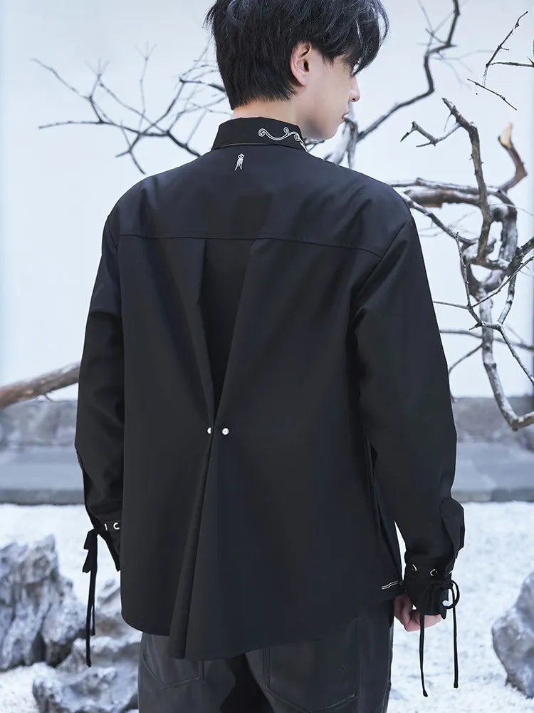 Genshin Impact Shenhe themed shirt with asymmetric collar embroidery and metallic accessories