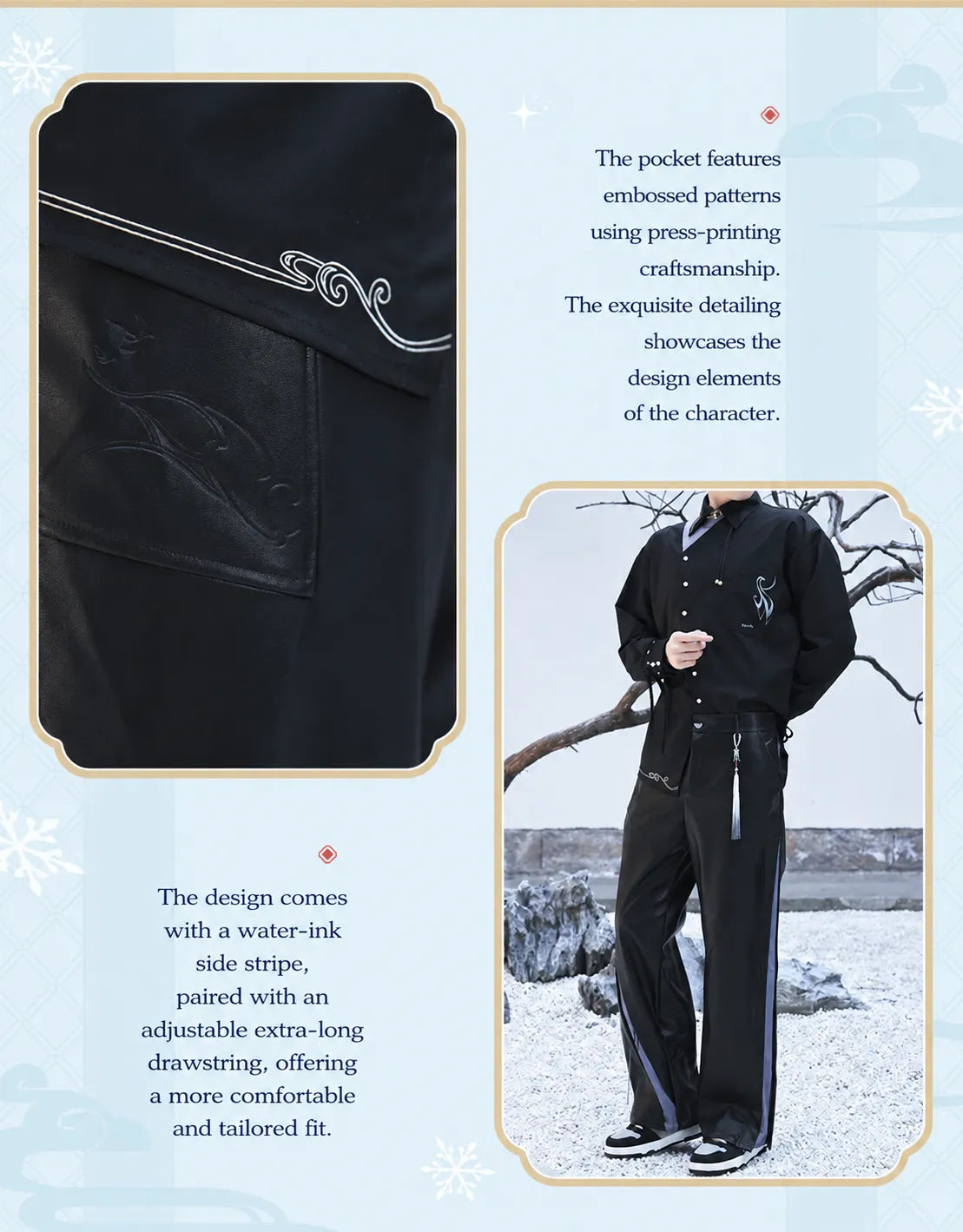 Genshin Impact Shenhe themed leisure long pants featuring detachable waist tassel accessory