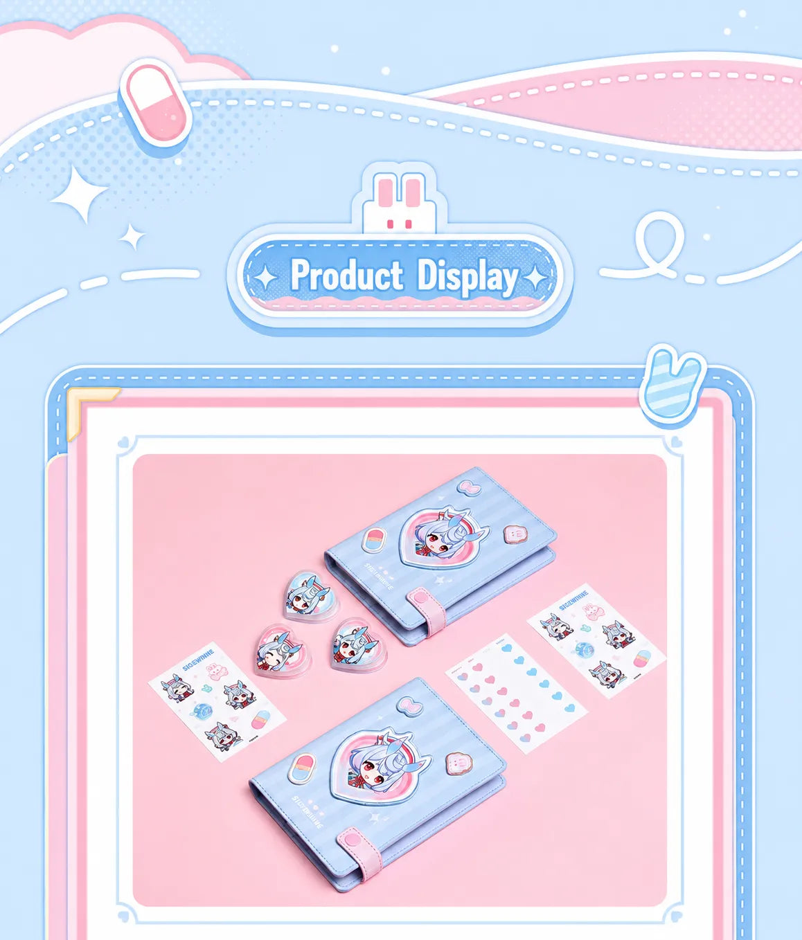 Genshin Impact Sigewinne acrylic clips close up with heart-shaped pastel character artwork