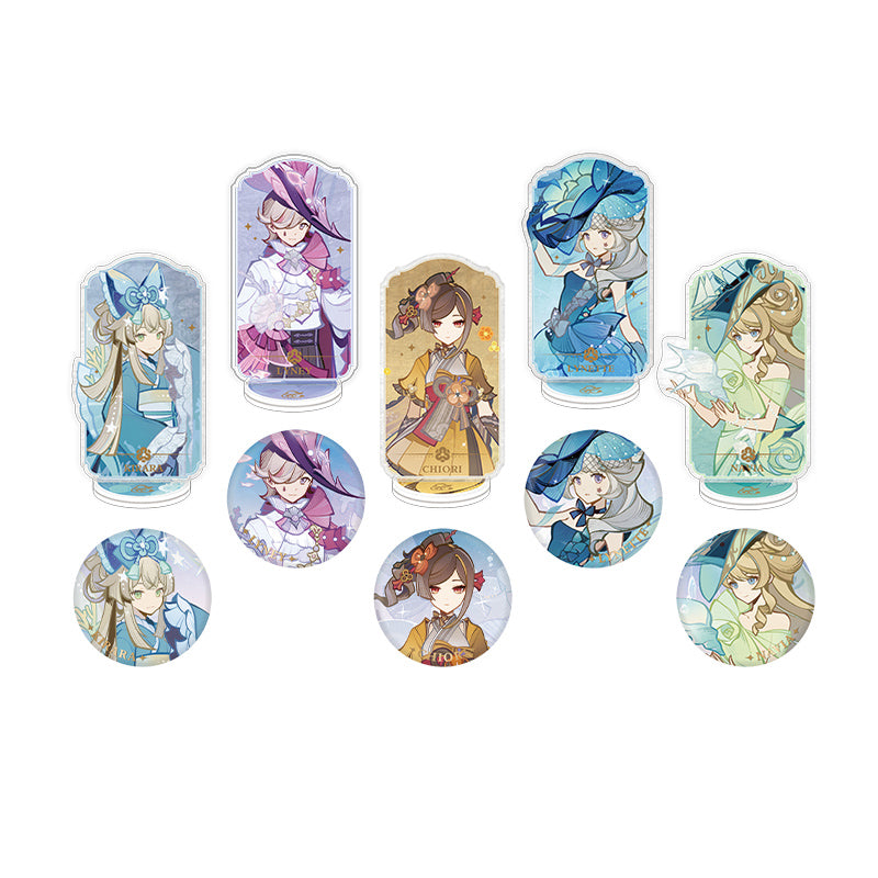 Genshin Silken Dreams Series Chiori Lyney Lynette Kirara Navia badges and acrylic stands collection display