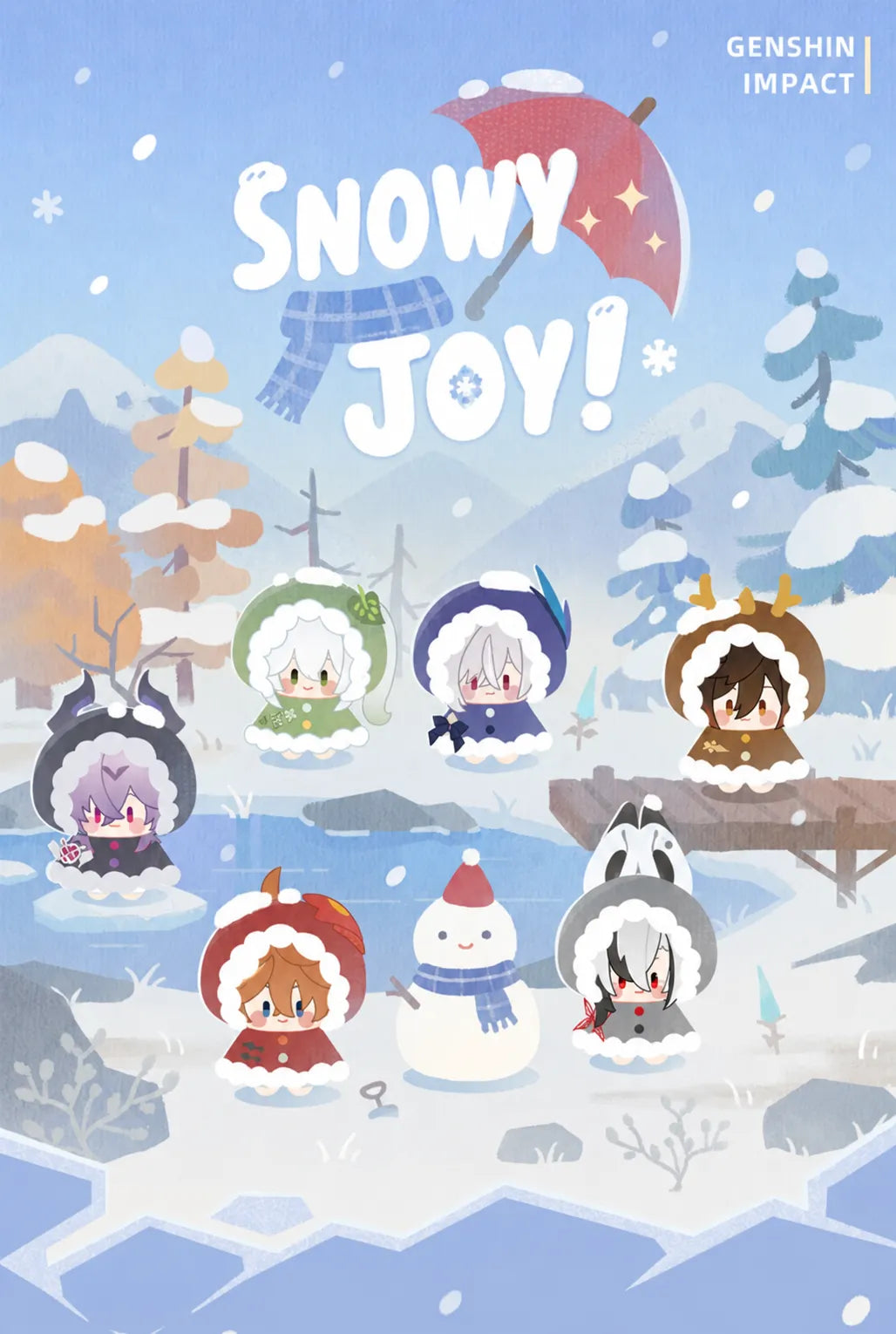 Genshin Impact Snowy Joy Series winter collection featuring Arlecchino, Tartaglia, Durin, Nahida, Skirk and Zhongli