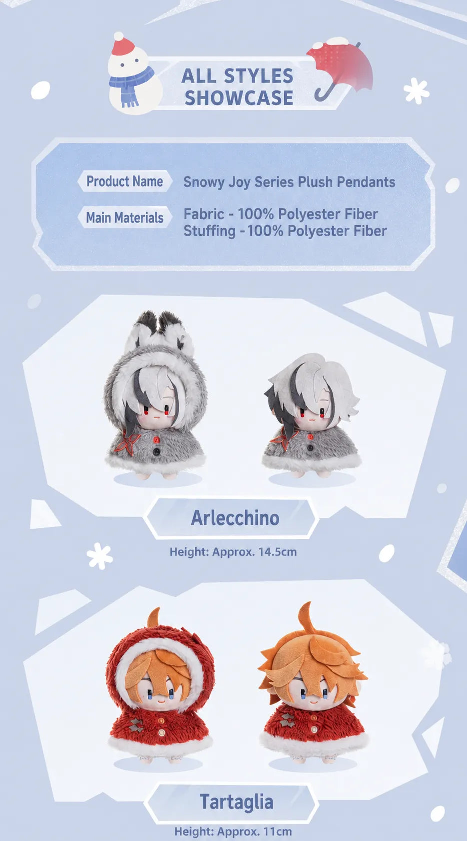 Snowy Joy plush pendant size and material details with Arlecchino and Tartaglia styles